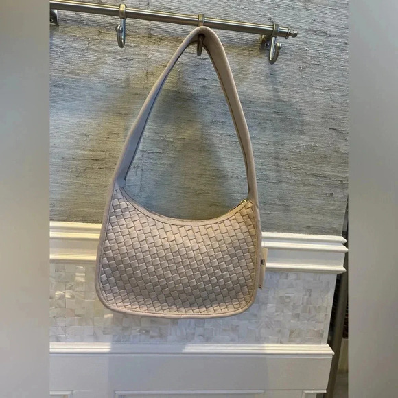 NWT new Anthropologie woven neoprene shoulder bag zip neutral beige nylon - Picture 11 of 17